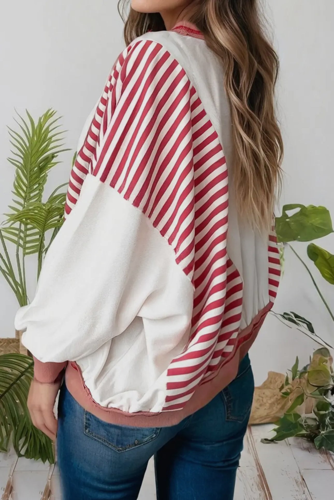 Fall Stripe Colorblock Patchwork Oversize Sweatshirt (S-4x): RED/WHITE