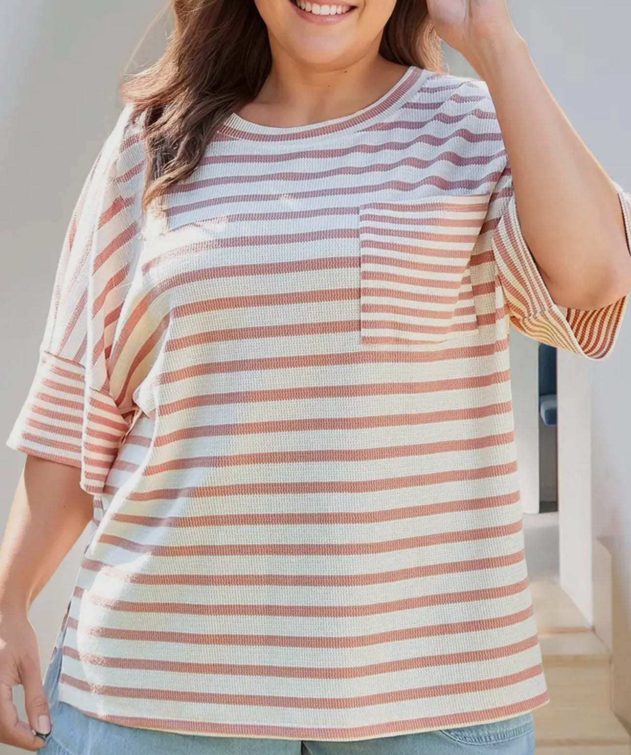 Plus Size Waffle Knit Pocketed Half Sleeve T Shirt: Orange