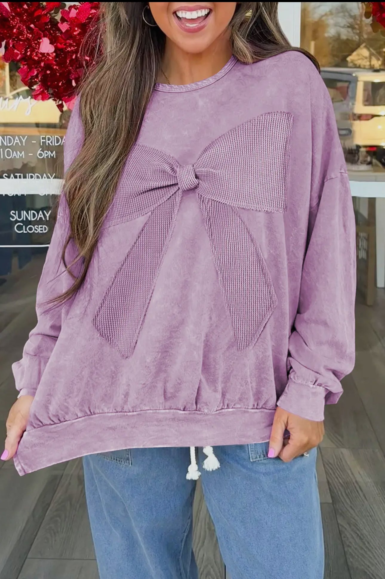 Mineral Wash Bow Patchwork Waffle Plus Sweatshirt (S-4X): PURPLE