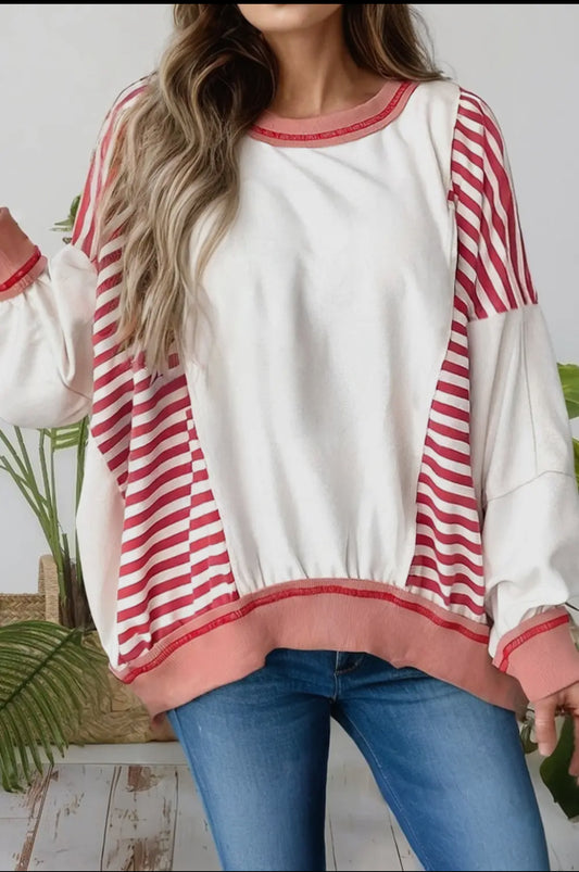 Fall Stripe Colorblock Patchwork Oversize Sweatshirt (S-4x): RED/WHITE