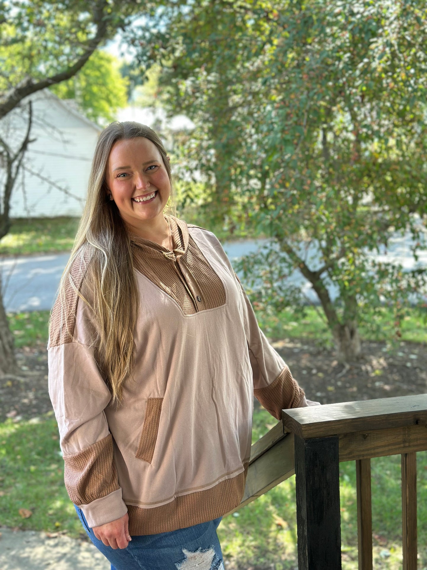 Waffle Contrast Patchwork Pocketed Hoodie