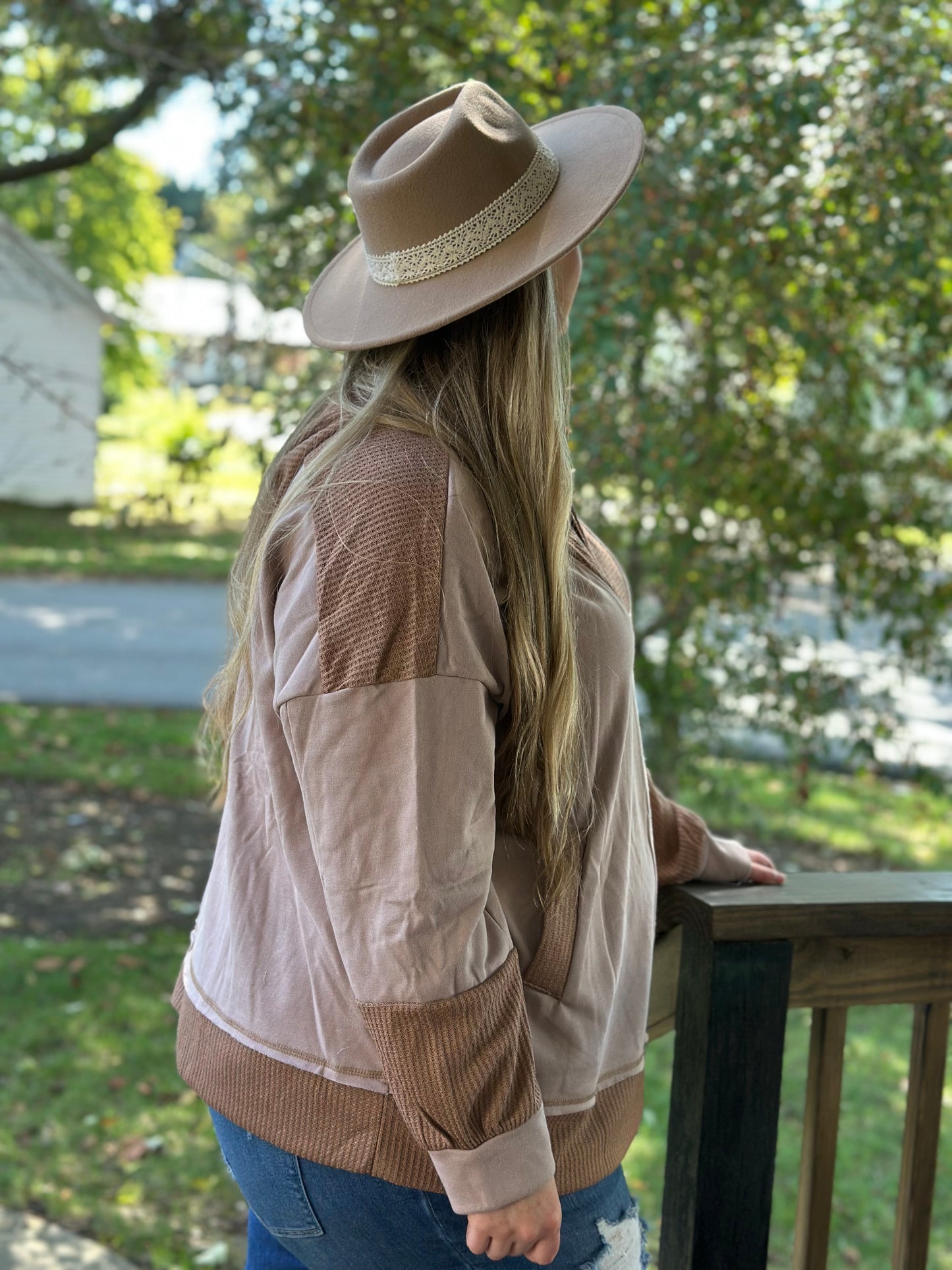 Waffle Contrast Patchwork Pocketed Hoodie