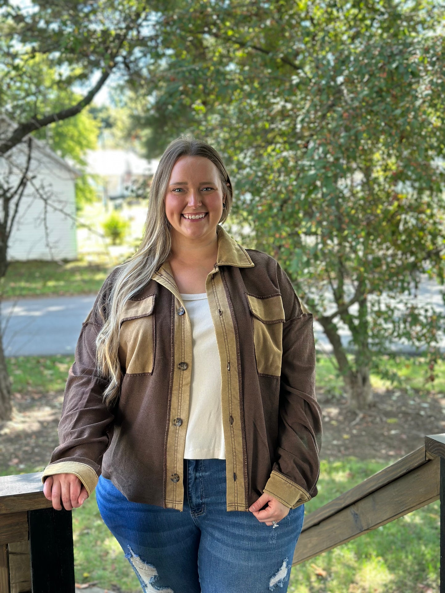 MINERAL WASH COLLARED BUTTON DOWN OVERSIZED JACKET: Brown