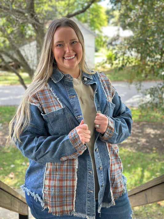 DENIM/PLAID COLORBLOCK JACKET with UNFINISHED HEM